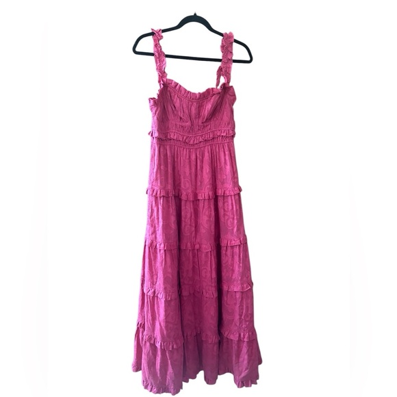 Anthropologie Women’s Squareneck Sleeveless Tiered Ruffle Dress. Pink small - Picture 2 of 8